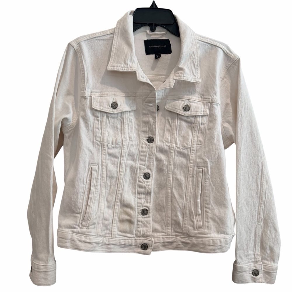 Banana Republic White Denim Jacket Large Petite Stretch Adjustable Waist 20” P2P